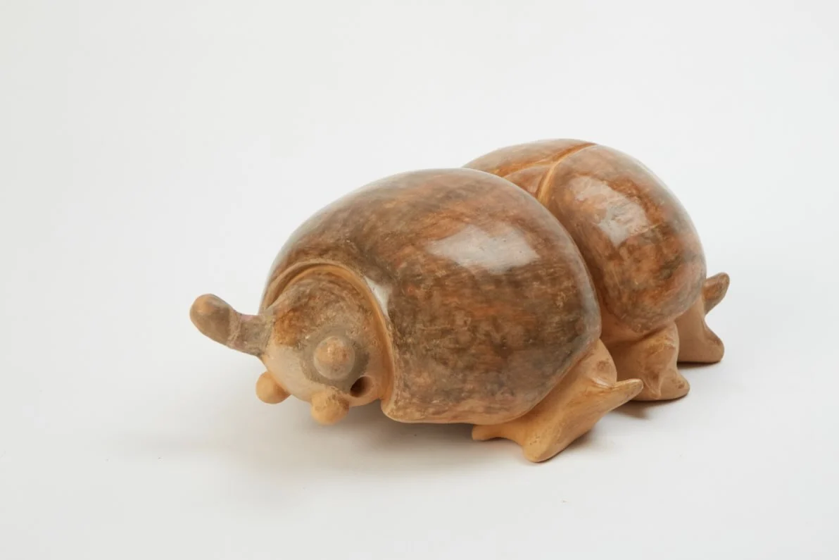 An alternative view of Sophie Sheppard’s rounded brown ceramic beetle on a pale background.
