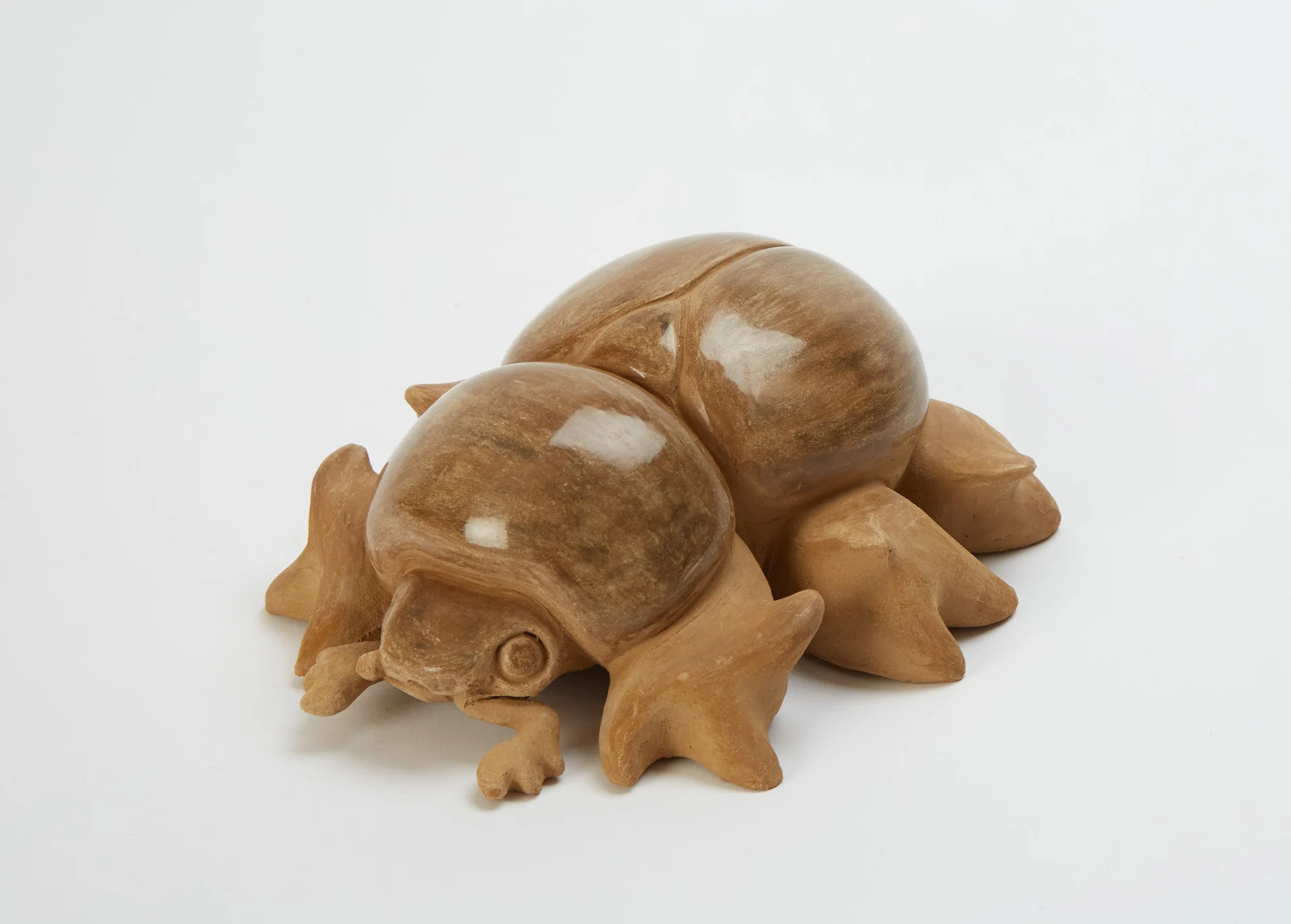A brown clay beetle form by Sophie Sheppard, showing its sculpted legs and rounded body against a pale background.